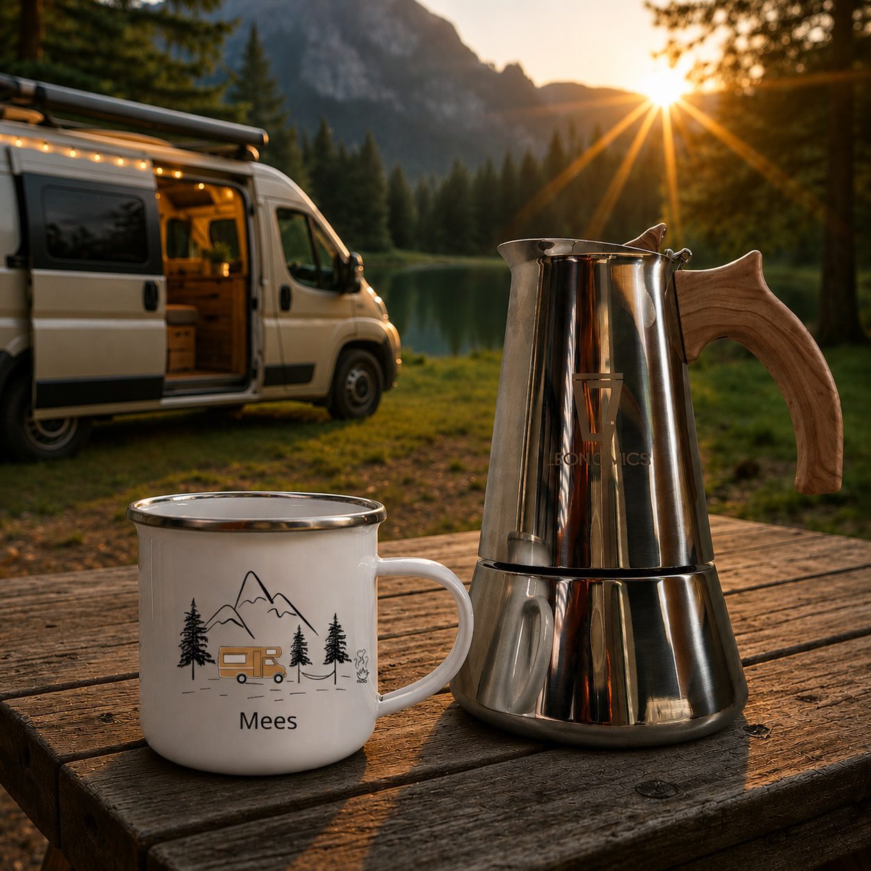 Vanlife Coffee Set – Emaille mok & RVS percolator